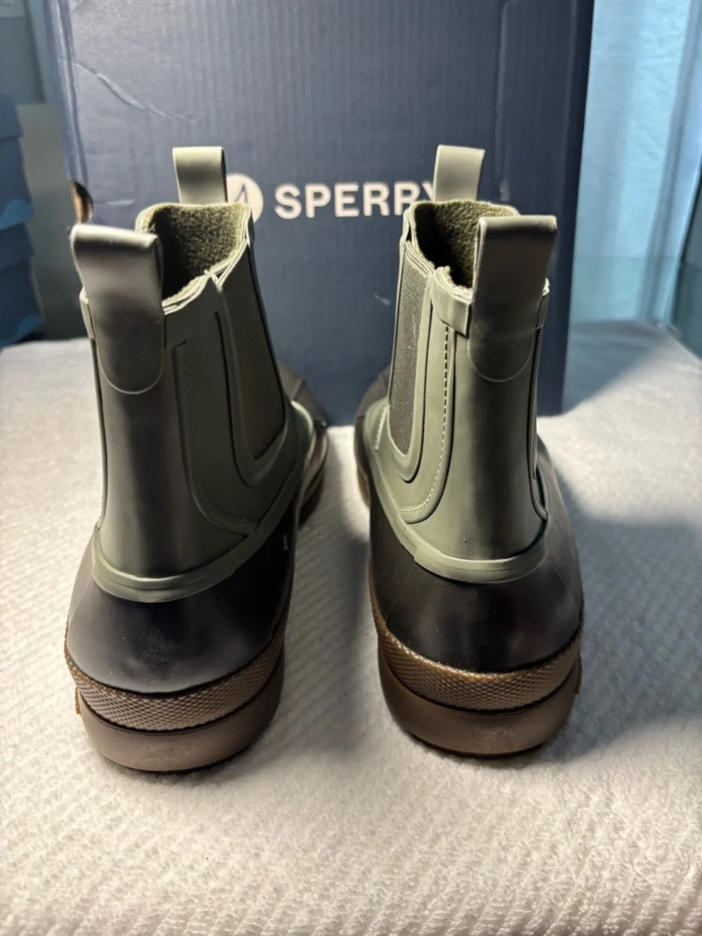 Sperry Olive Green and Brown Waterproof Chelsea Duck Boots